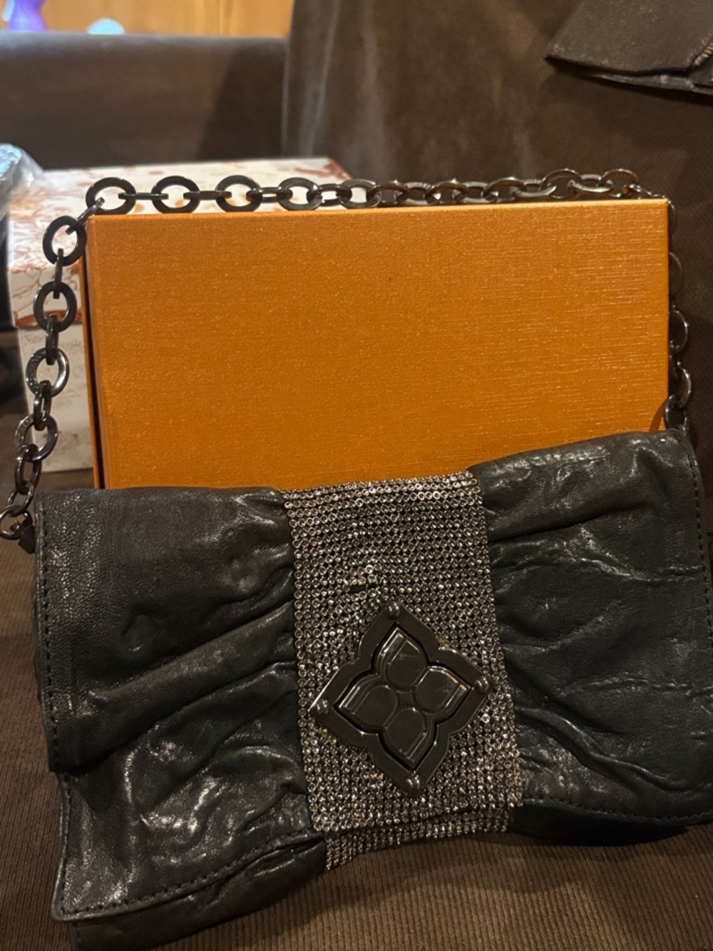 Retro BCBGMAXAZRIA Black Evening Chain-Handle Clutch with Decorative Center Band